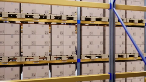 Modern warehouse, brown cardboard boxes on pallets. Loopable 60 fps animation. 動画素材 112683830
