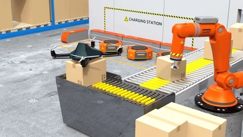 Modern warehouse equipped with robotic arm, drone and robot carriers Stock Footage