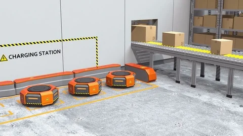 Modern warehouse equipped with robotic arm, drone and robot carriers Video stock 82859952