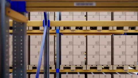 Modern warehouse, pallets and brown boxes on metal shelves in. 60 fps animation. 動画素材 112683694