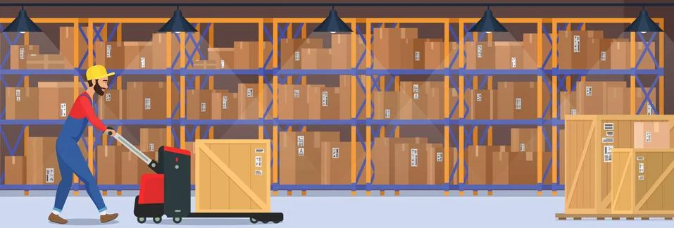 Modern warehouse vector interior with goods, pallet trucks and industrial worker Stock Illustration