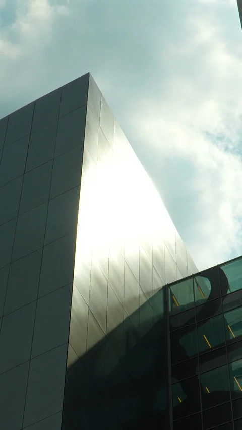 Modern Warsaw Skyscraper Facade With Bright Sunlight Reflection And Blue Sky Stock Footage 340329734
