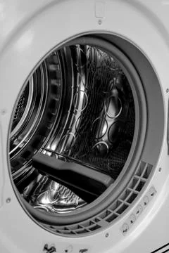 Modern washing machine with empty drum, closeup Stock-Fotos
