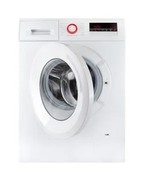 Modern washing machine, open, isolated on white bakcground Stock Photos