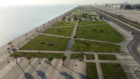 Modern Waterfront Pathway with recreation facilities Stock Footage 333592046