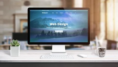 Modern web design page on computer display. Concept of web design studio work Stock Photos