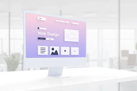 Modern web design studio page layout hovers on a display Stock Illustration