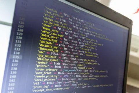 Modern web development background. Abstract pieces of PHP code Foto stock