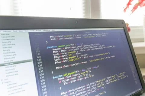 Modern web development background. Abstract pieces of PHP code 스톡 사진