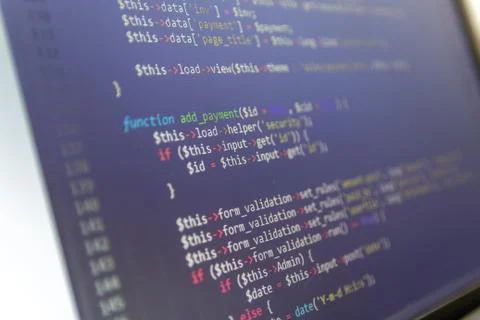 Modern web development background. Abstract pieces of PHP code Foto stock