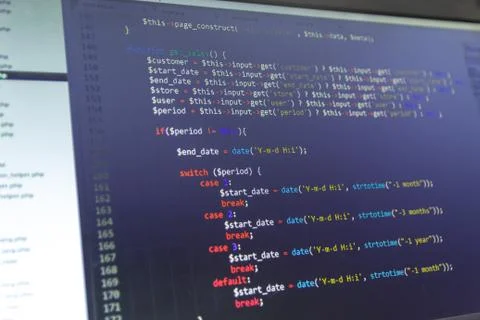 Modern web development background. Abstract pieces of PHP code Foto stock