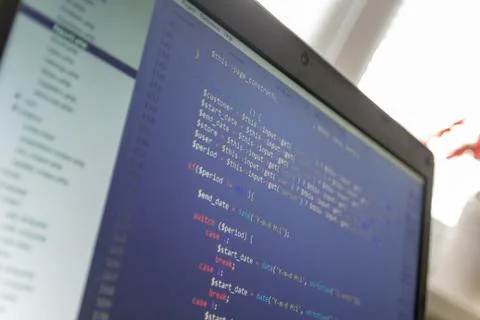 Modern web development background. Abstract pieces of PHP code 스톡 사진