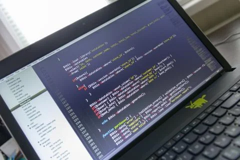 Modern web development background. Abstract pieces of PHP code Foto stock