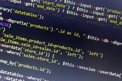 Modern web development background. Abstract pieces of PHP code Stock Photos