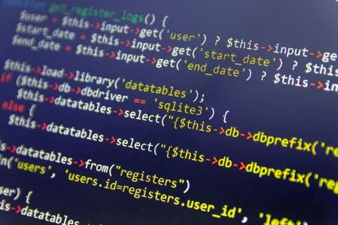 Modern web development background. Abstract pieces of PHP code 스톡 사진