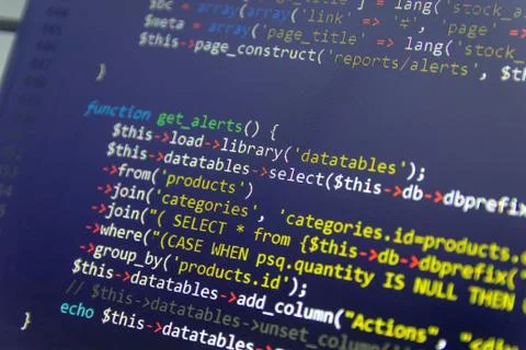 Modern web development background. Abstract pieces of PHP code 스톡 사진