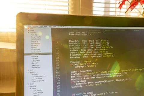 Modern web development background. Abstract pieces of PHP code 스톡 사진