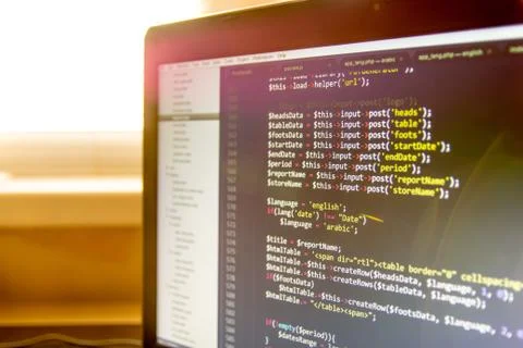 Modern web development background. Abstract pieces of PHP code Foto stock