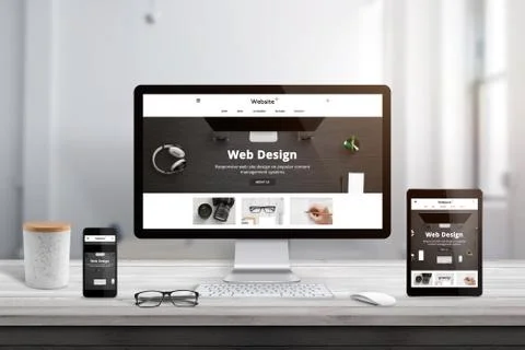 Modern web site flat design theme presentation on responsive display devices. Stock Photos