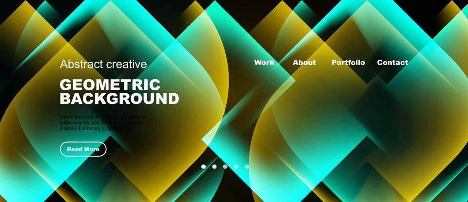 Modern website banner features geometric shapes, vibrant teal, gold hues. Tex イラスト素材
