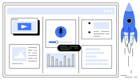 Modern website dashboard with charts, multimedia, and a rocket icon symbolizi Illustrazione stock