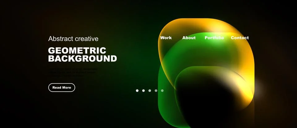 Modern website design. Dark background features vibrant abstract shapes, text 스톡 일러스트