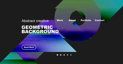 Modern website design features abstract geometric shapes, dark background, white Ilustración de archivo