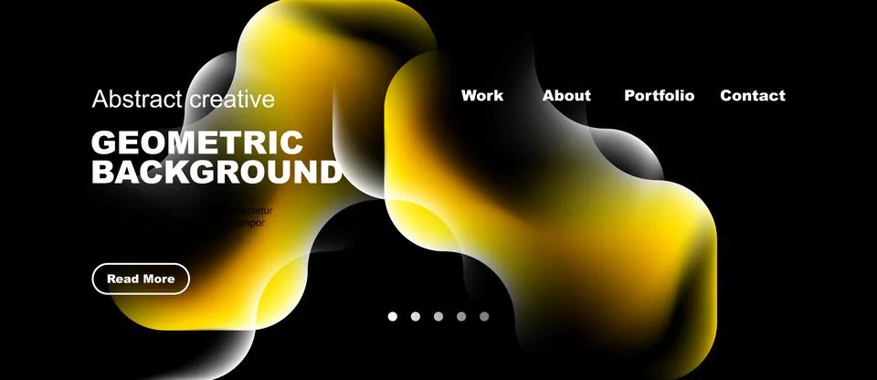 Modern website design features abstract yellow shapes over black background. イラスト素材