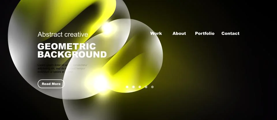 Modern website design features abstract yellow shapes, dark background. Stock Illustration