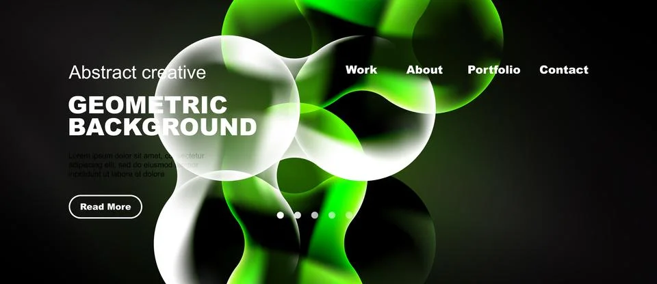 Modern website design features abstract green shapes over dark background. Te Illustrazione stock