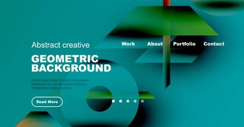 Modern website design features geometric shapes, vibrant teal hues, white text. Illustrazione stock