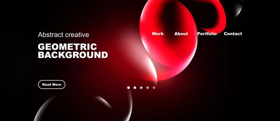 Modern website design features red spheres, geometric shapes, dark background Stock Illustration