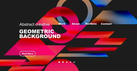 Modern website design features vibrant geometric shapes, pinks, blues, text Illustrazione stock