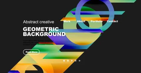 Modern website design features vibrant geometric shapes, text overlays, Stock Illustration