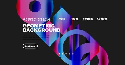Modern website design features vibrant geometric shapes, text overlay, イラスト素材