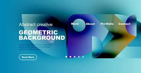 Modern website design features vibrant blue hues, geometric shapes, text Stock Illustration
