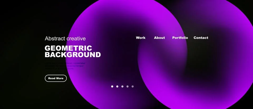 Modern website design features vibrant purple shapes, dark background. Stock Illustration