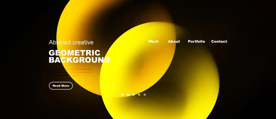 Modern website design features vibrant yellow shapes, dark background. Text イラスト素材