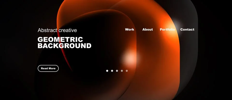 Modern website design features vibrant orange shapes, dark background. イラスト素材
