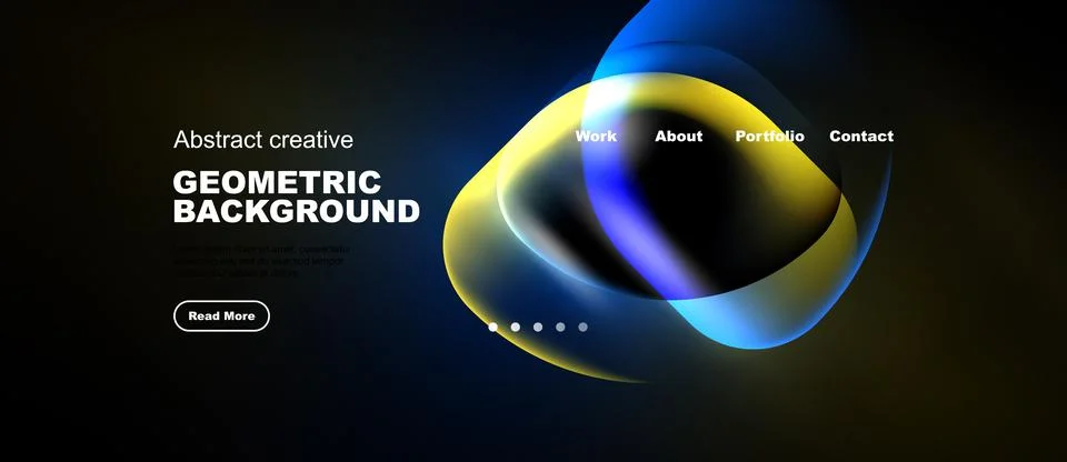 Modern website design features vibrant geometric shapes, dark background, Illustrazione stock
