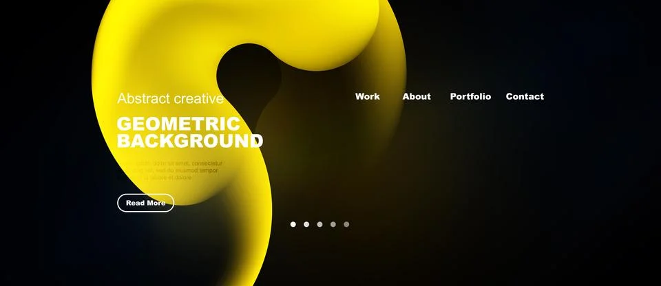 Modern website design features vibrant yellow geometric shapes over dark Ilustração Stock