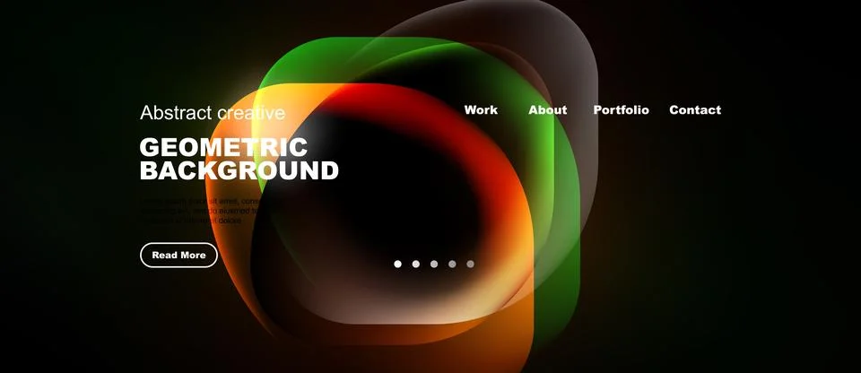 Modern website design features vibrant overlapping circles. Text highlights 스톡 일러스트
