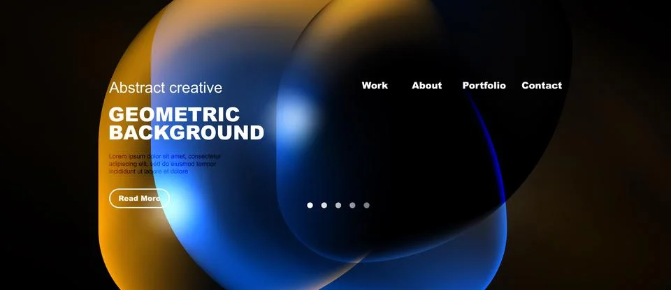 Modern website design features vibrant fluid shapes, dark background. Text Stock Illustration
