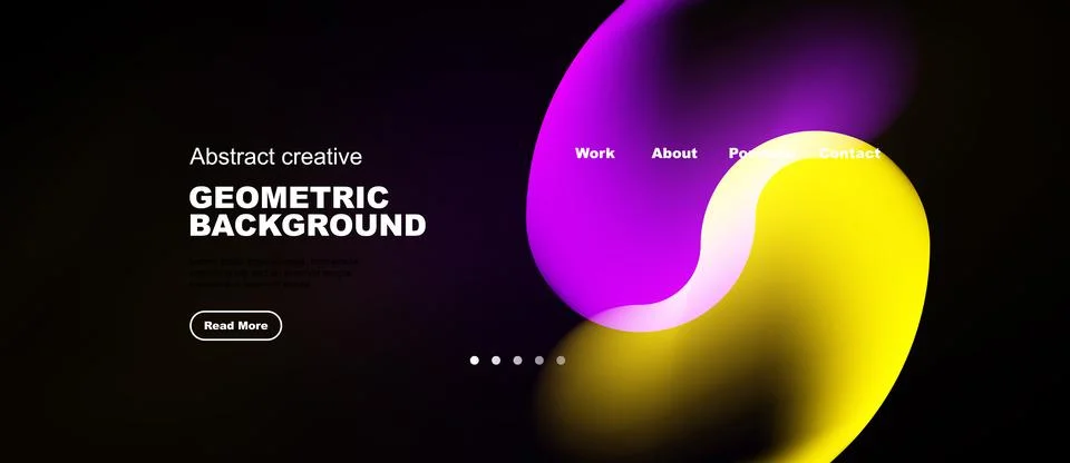Modern website design features vibrant overlapping shapes, dark background, Stock Illustration