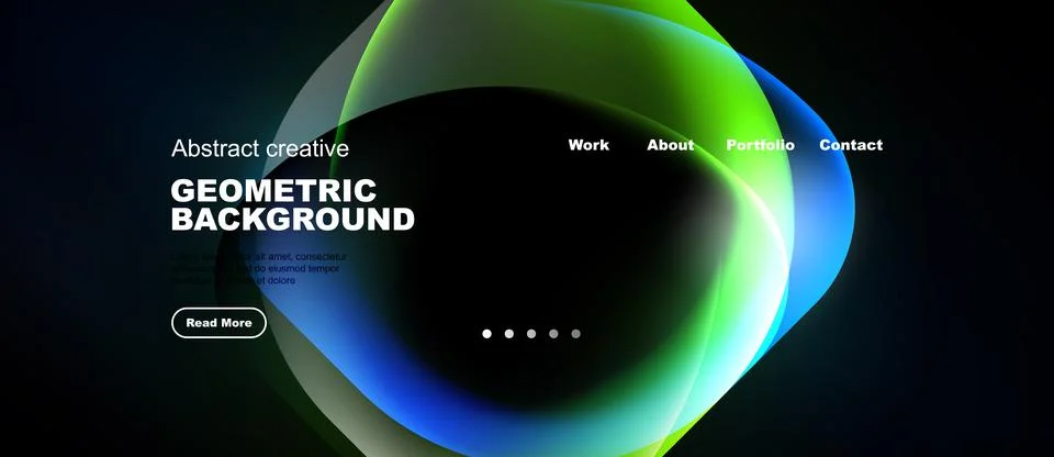 Modern website design features vibrant abstract shapes, dark background. Stock Illustration