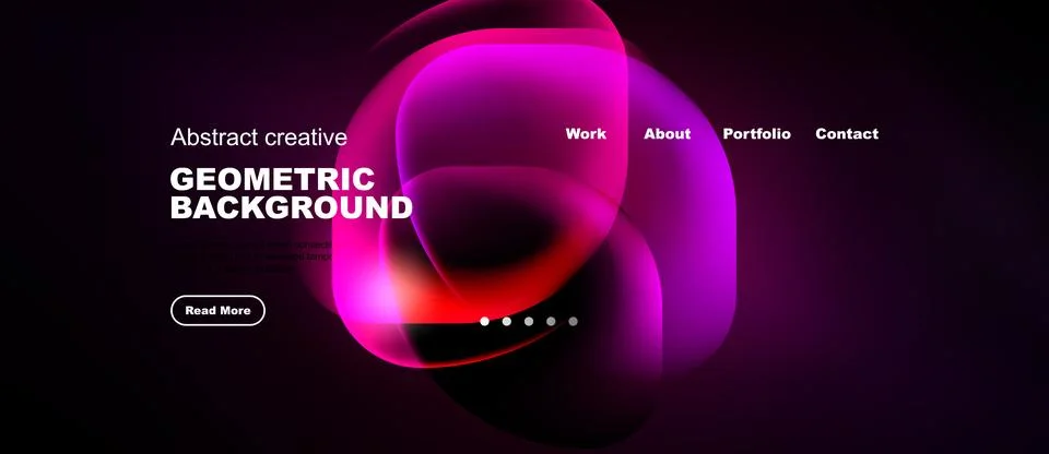 Modern website design features vibrant pink geometric shapes over dark Ilustração Stock