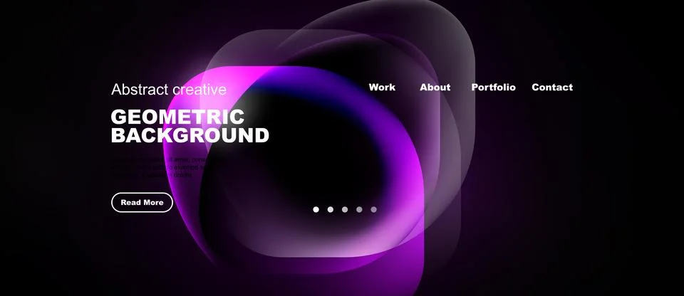 Modern website design features vibrant purple shapes, dark background. Illustrazione stock