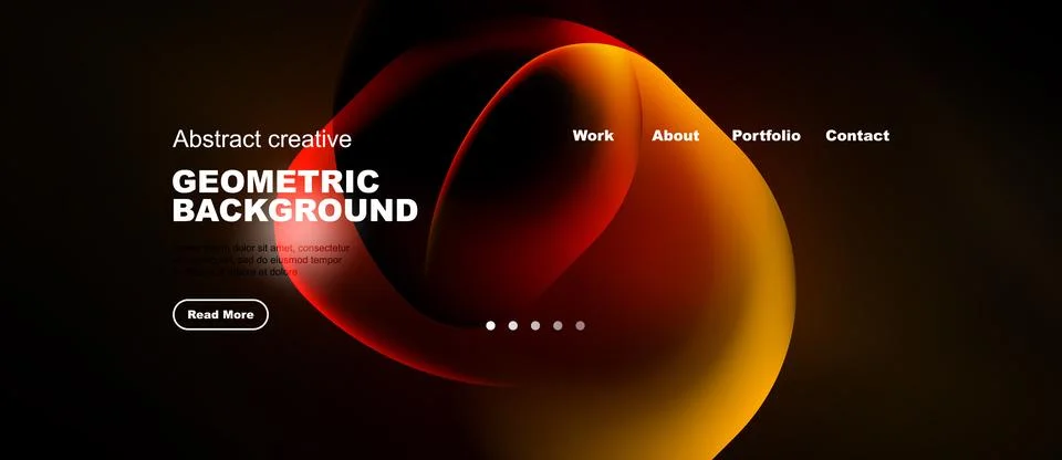 Modern website design features vibrant orange shapes over dark background. Te Illustrazione stock