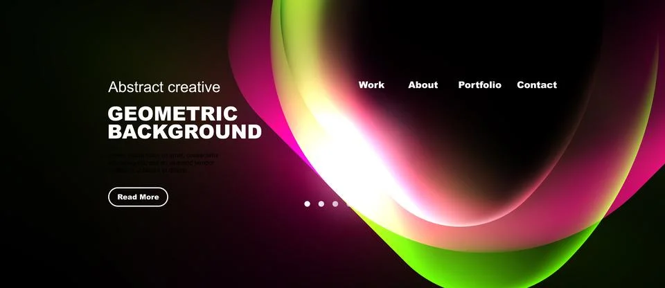 Modern website design features vibrant fluid shapes, dark background, minimal Illustrazione stock