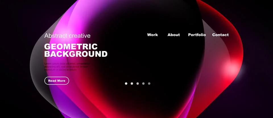 Modern website design features vibrant overlapping shapes, dark background,.. Illustrazione stock